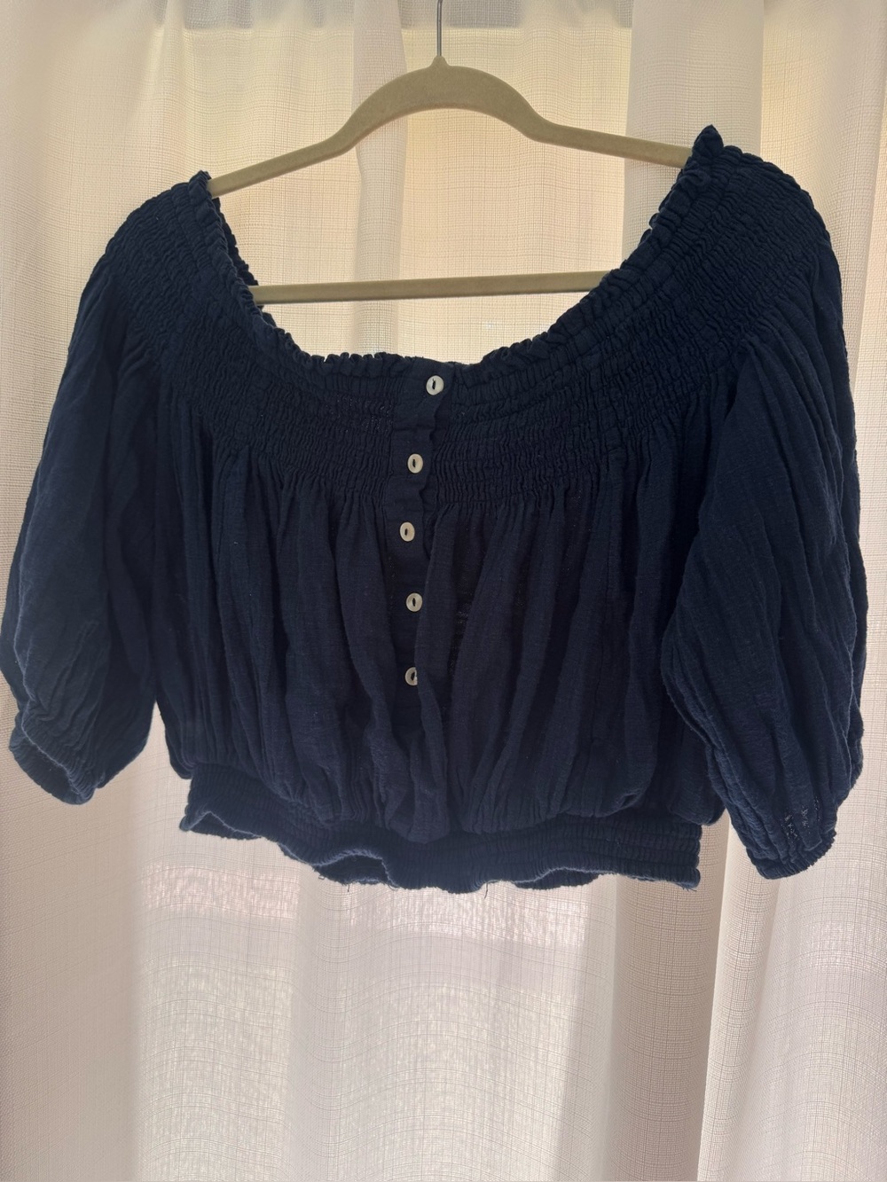 Smocked Off-Shoulder Navy Peasant Top